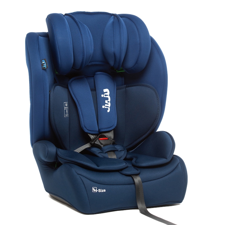 Scaun auto pentru bebelusi si copii Juju Safe Rider i-Size, 76-150 cm, transformabil in inaltator auto, tetiera reglabila, husa detasabila si lavabila, Albastru-Bleumarin