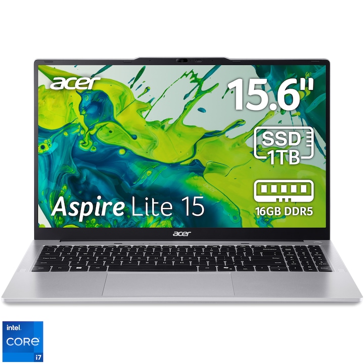 Laptop Acer Aspire Lite 15 AL15-72P-71X1 cu procesor Intel® Core™ i7-13620H up to 4.90 GHz, 15.6', Full HD, IPS, 16GB DDR5 RAM, 1TB SSD, Intel® UHD Graphics, No OS, Pure Silver