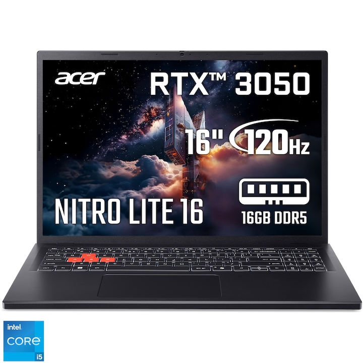 Laptop Gaming Acer Nitro Lite 16 NL16-71G-57M9 cu procesor Intel® Core™ i5-13420H pana la 4.7GHz, 16', WUXGA, IPS, 165Hz, 16GB DDR5 RAM, 512GB SSD, NVIDIA® GeForce RTX™ 3050 6GB GDDR6, No OS, Shale Black