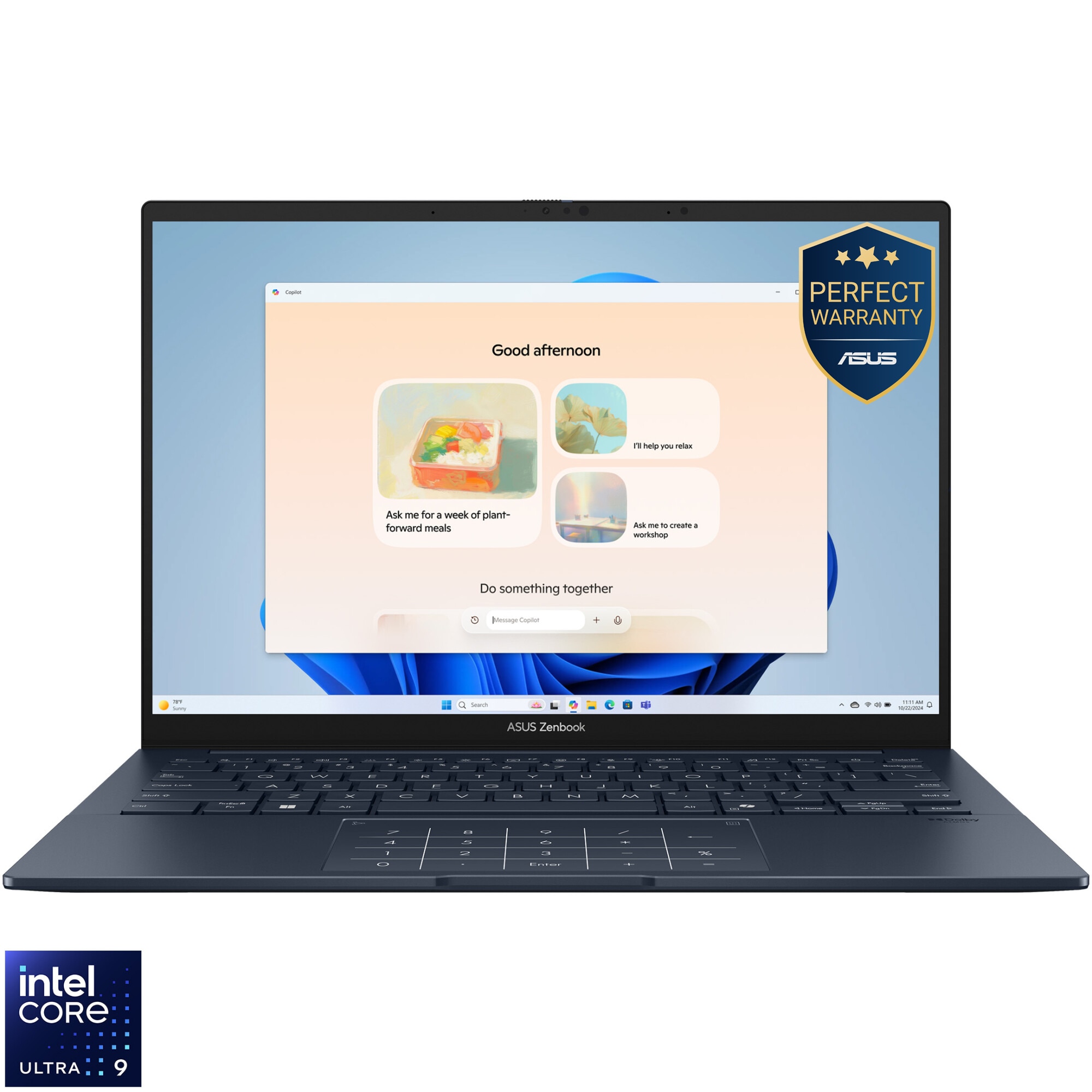 Laptop ASUS Zenbook 14 UX3405CA cu procesor Intel® Core™ Ultra 9 285H pana la 5.4GHz, 14', 3K, OLED, 120Hz, 32GB LPDDR5X RAM, 1TB SSD, Intel® Arc™ Graphics, Windows 11 Pro, Ponder Blue